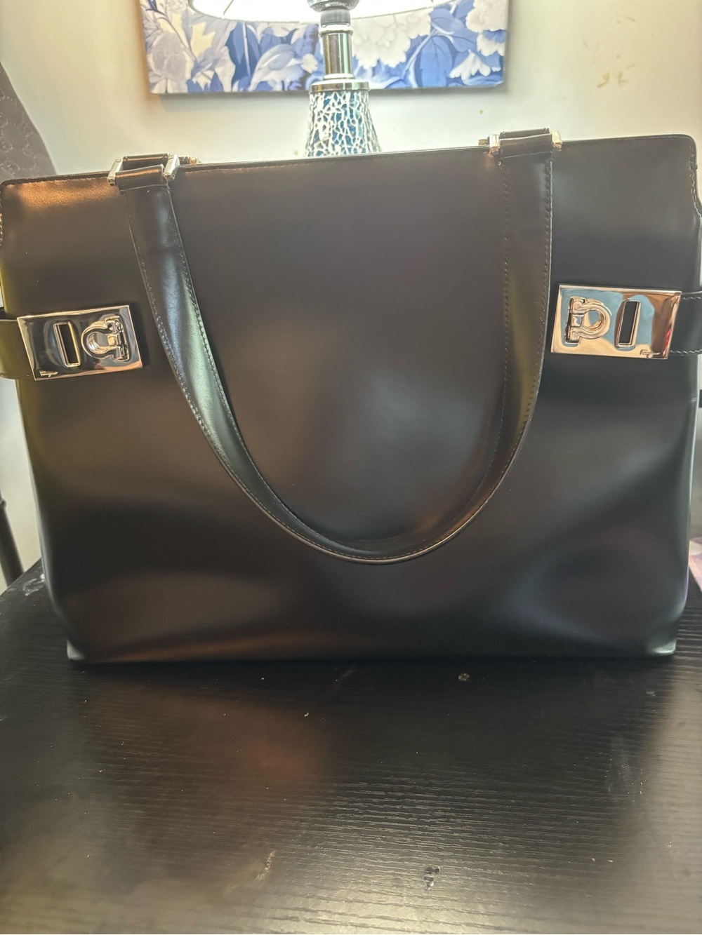 Authentic Salvatore Ferragamo Black Smooth Calfskin Gancini Tote Satchel Bag